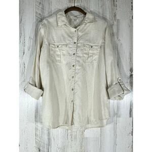 Symple‎ NYC Button Up Top Size Large Cream Off White 100% Linen Roll Tab Sleeves